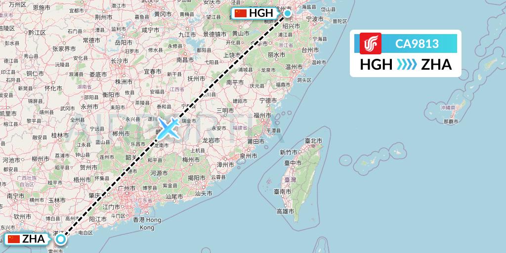 CA9813 Air China Flight Map: Hangzhou to Zhanjiang