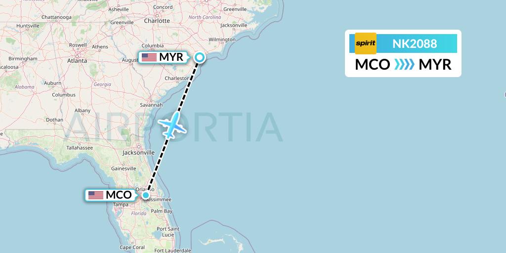 NK2088 Spirit Airlines Flight Map: Orlando to Myrtle Beach