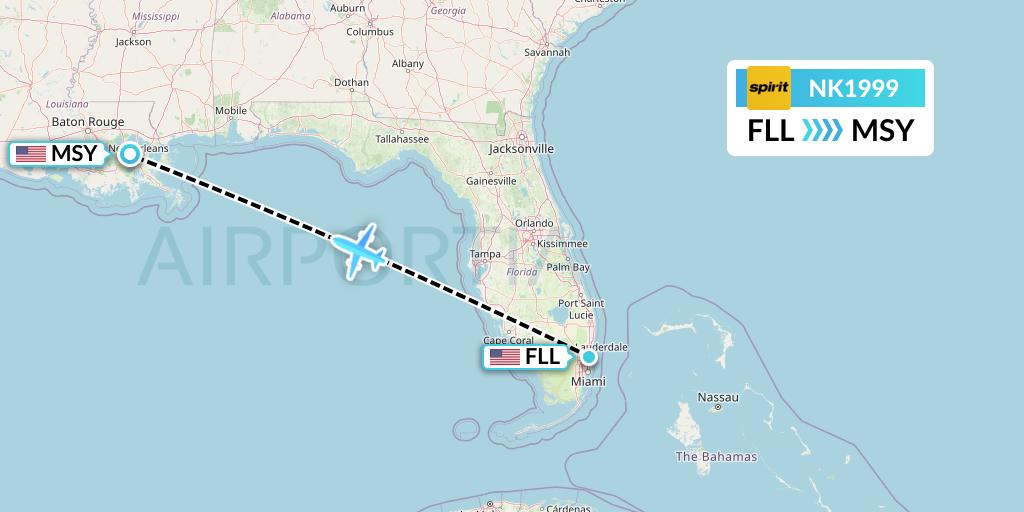 NK1999 Spirit Airlines Flight Map: Fort Lauderdale to New Orleans