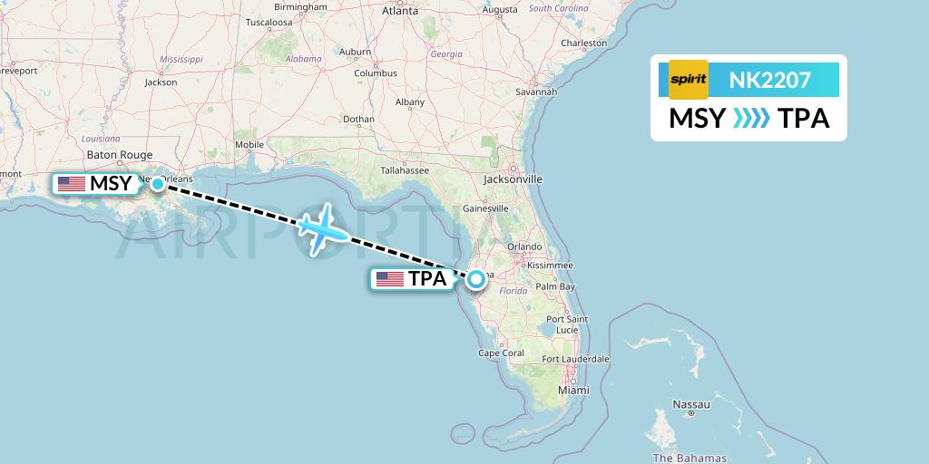 NK2207 Spirit Airlines Flight Map: New Orleans to Tampa