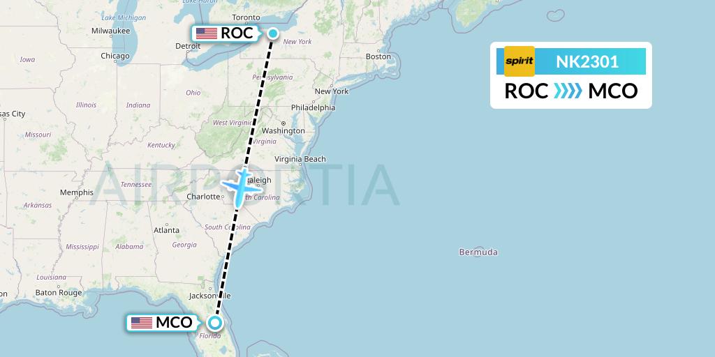 NK2301 Spirit Airlines Flight Map: Rochester to Orlando