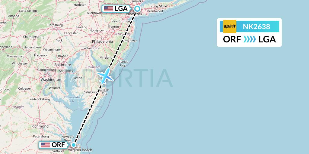 NK2638 Spirit Airlines Flight Map: Norfolk to New York