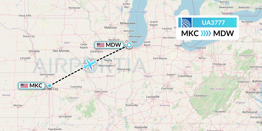 UA3777 United Airlines Flight Map: Kansas City to Chicago