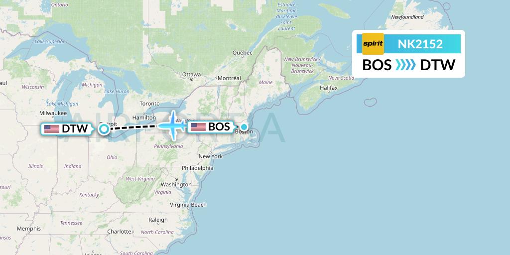 NK2152 Spirit Airlines Flight Map: Boston to Detroit