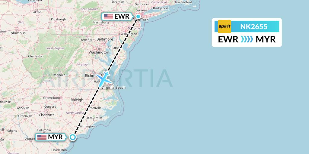 NK2655 Spirit Airlines Flight Map: New York to Myrtle Beach