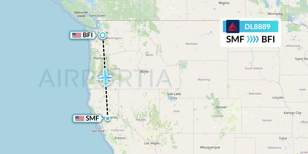 DL8889 Delta Air Lines Flight Map: Sacramento to Seattle