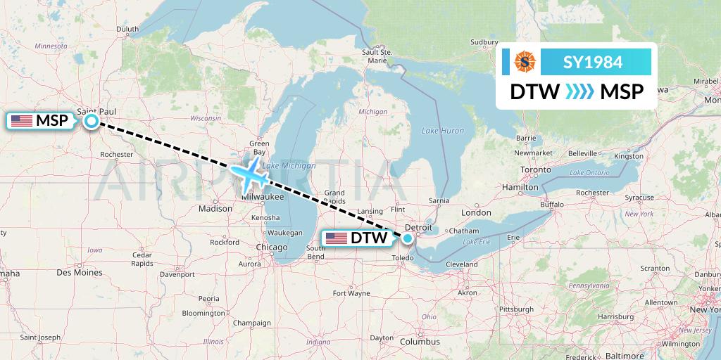 SY1984 Sun Country Airlines Flight Map: Detroit to Minneapolis