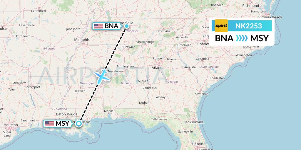 NK2253 Spirit Airlines Flight Map: Nashville to New Orleans
