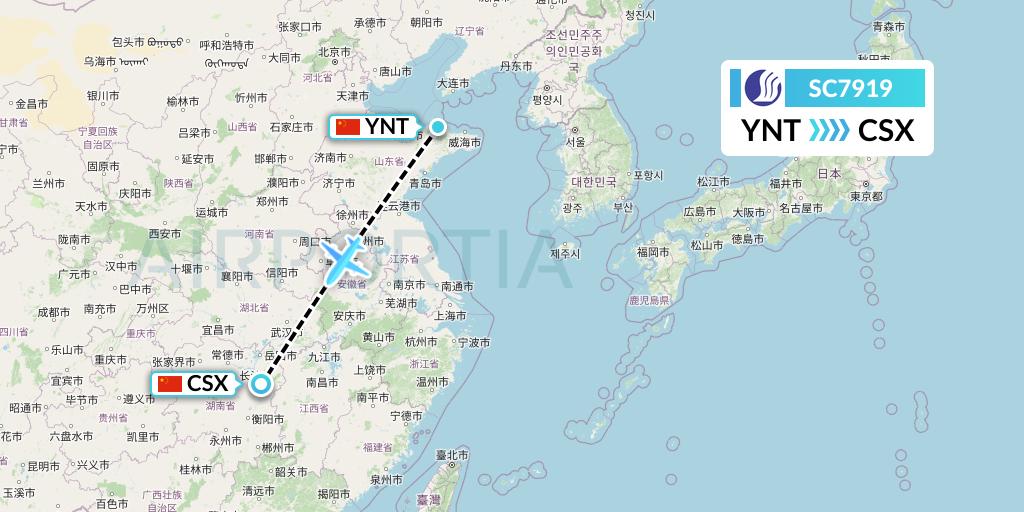 SC7919 Shandong Airlines Flight Map: Yantai to Changsha