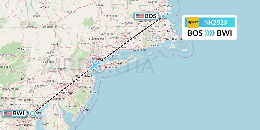 NK2523 Spirit Airlines Flight Map: Boston to Baltimore