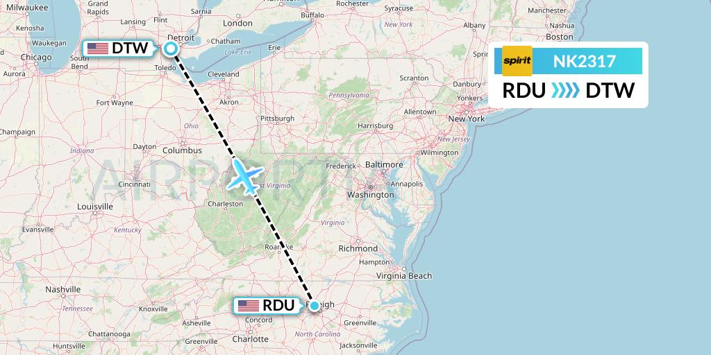 NK2317 Spirit Airlines Flight Map: Raleigh-Durham to Detroit