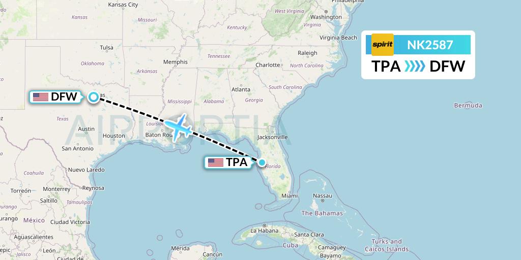 NK2587 Spirit Airlines Flight Map: Tampa to Dallas