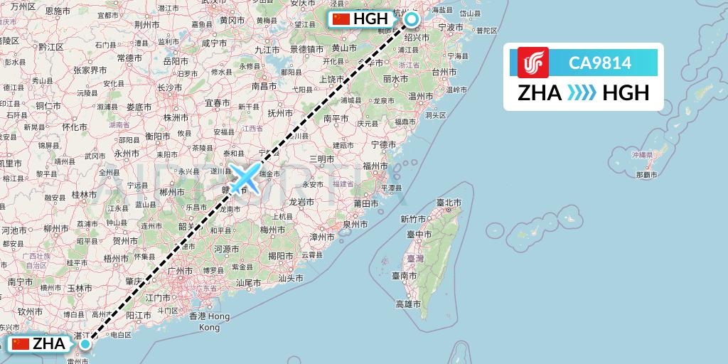 CA9814 Air China Flight Map: Zhanjiang to Hangzhou