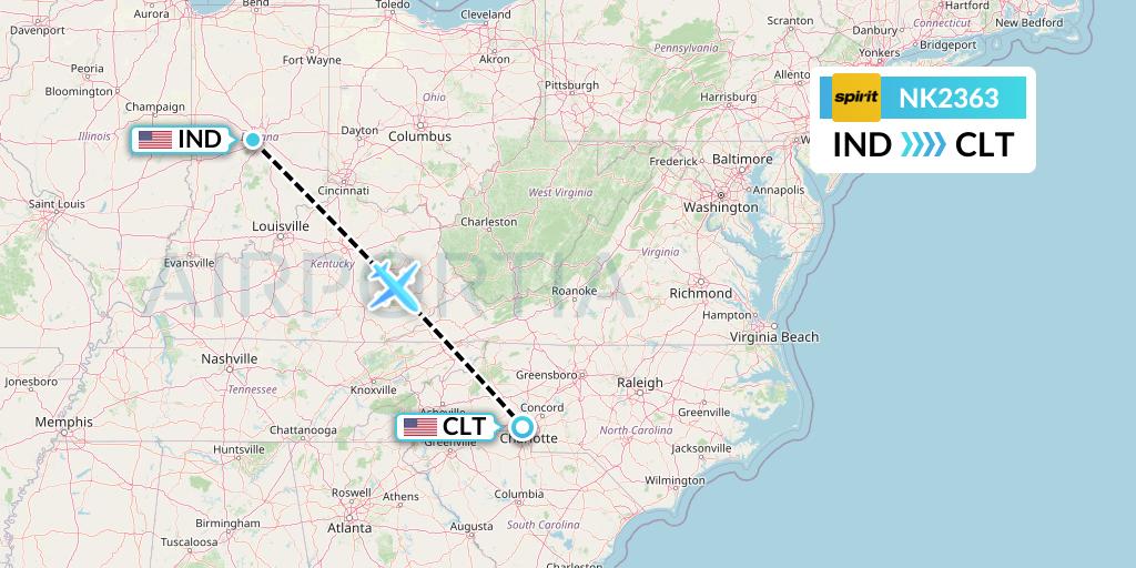 NK2363 Spirit Airlines Flight Map: Indianapolis to Charlotte