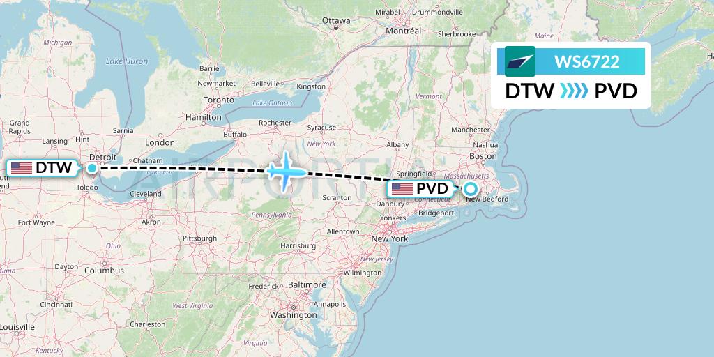 WS6722 WestJet Flight Map: Detroit to Providence