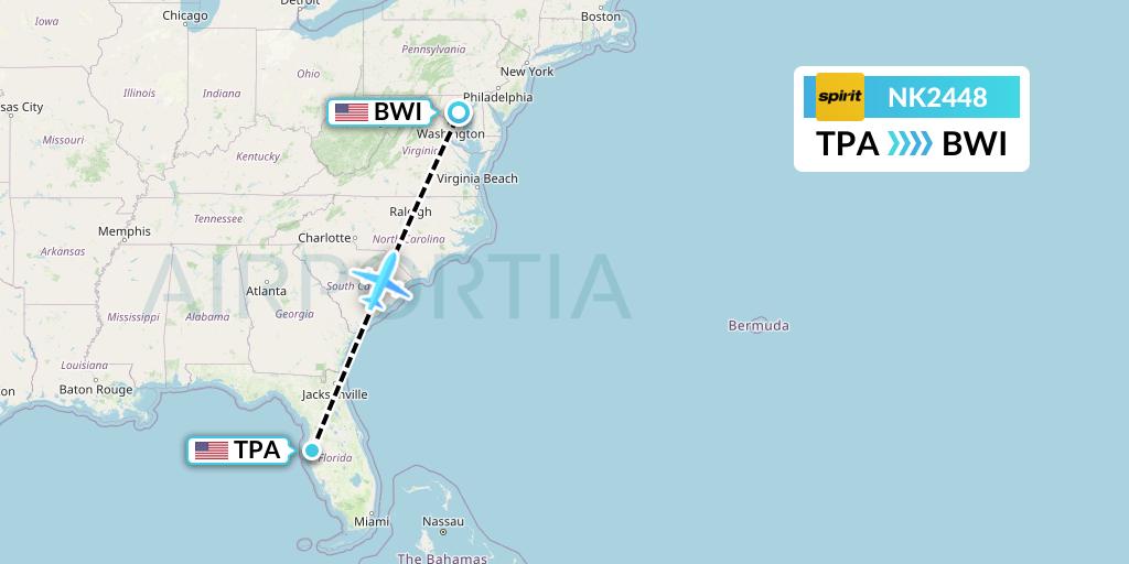 NK2448 Spirit Airlines Flight Map: Tampa to Baltimore