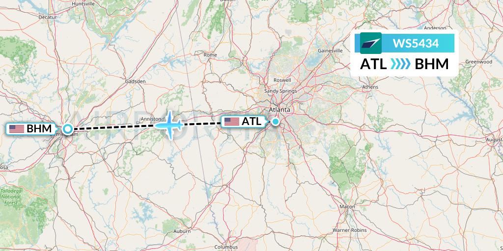 WS5434 WestJet Flight Map: Atlanta to Birmingham