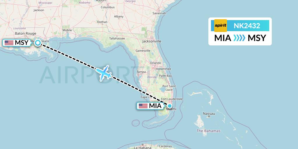 NK2432 Spirit Airlines Flight Map: Miami to New Orleans
