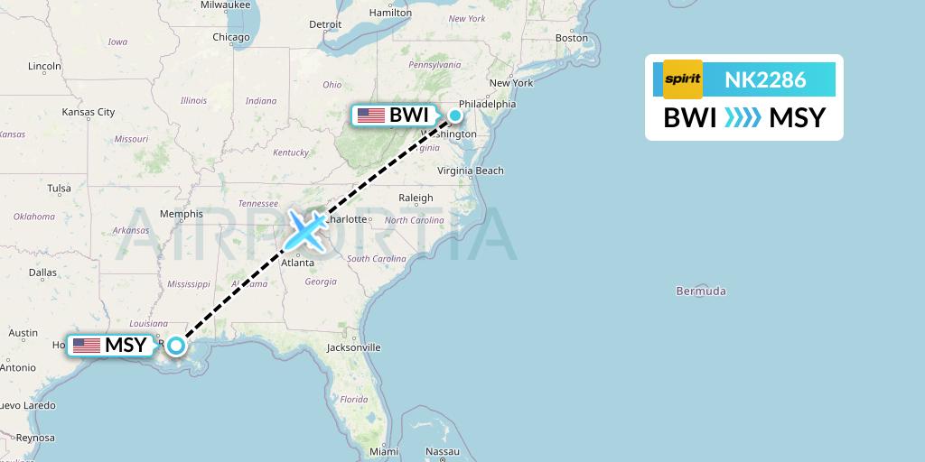 NK2286 Spirit Airlines Flight Map: Baltimore to New Orleans