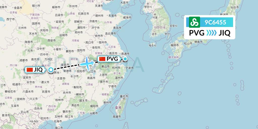 9C6455 Spring Airlines Flight Map: Shanghai to Qianjiang