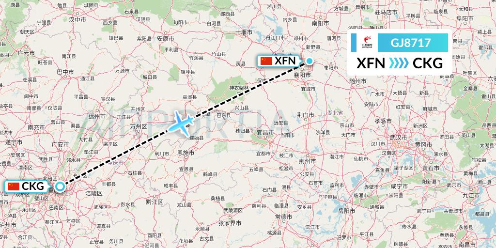 GJ8717 Loong Airlines Flight Map: Xiangyang to Chongqing