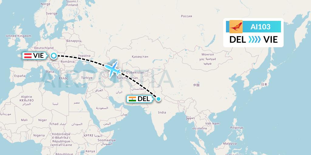 AI103 Air India Flight Map: Delhi to Vienna