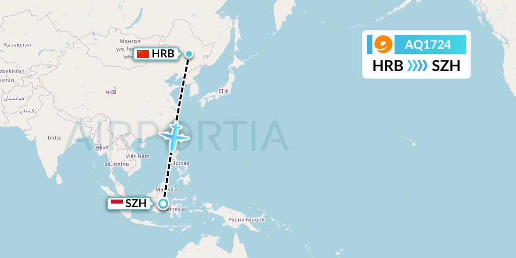 AQ1724 9 Air Flight Map: Harbin to Senipah-Borneo Island