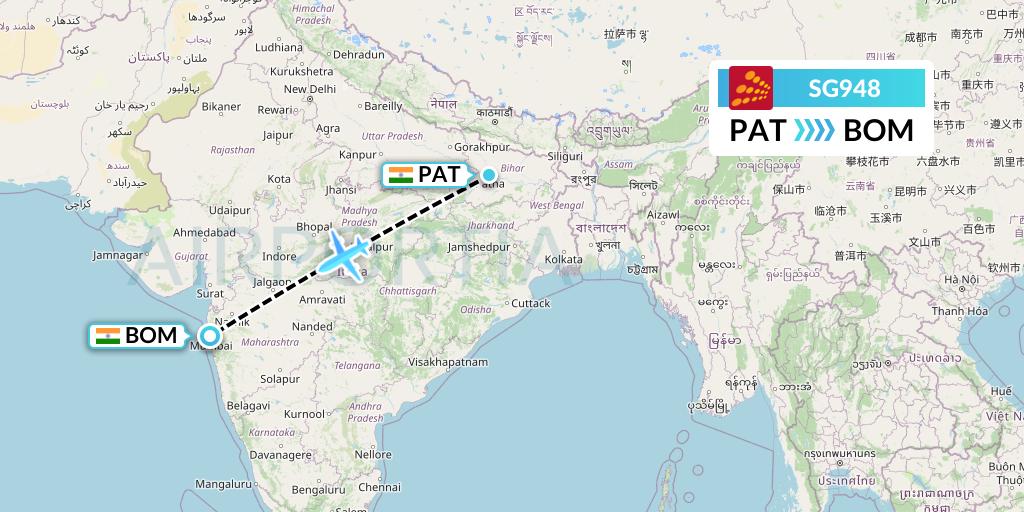 SG948 SpiceJet Flight Map: Patna to Mumbai