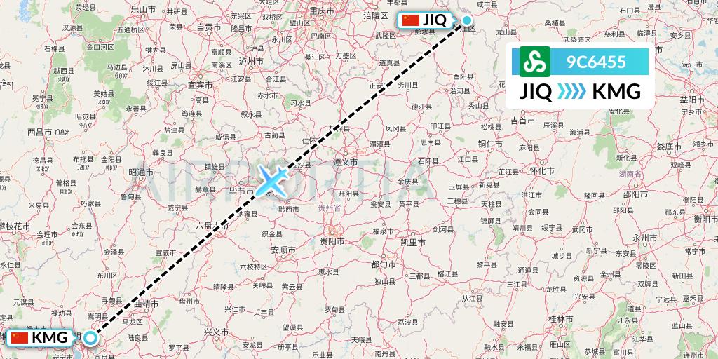 9C6455 Spring Airlines Flight Map: Qianjiang to Kunming
