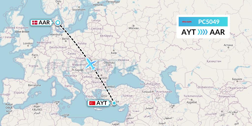 PC5049 Pegasus Airlines Flight Map: Antalya to Aarhus