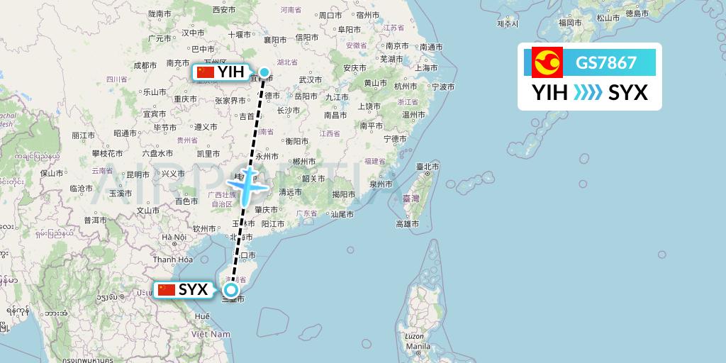 GS7867 Tianjin Airlines Flight Map: Yichang to Sanya