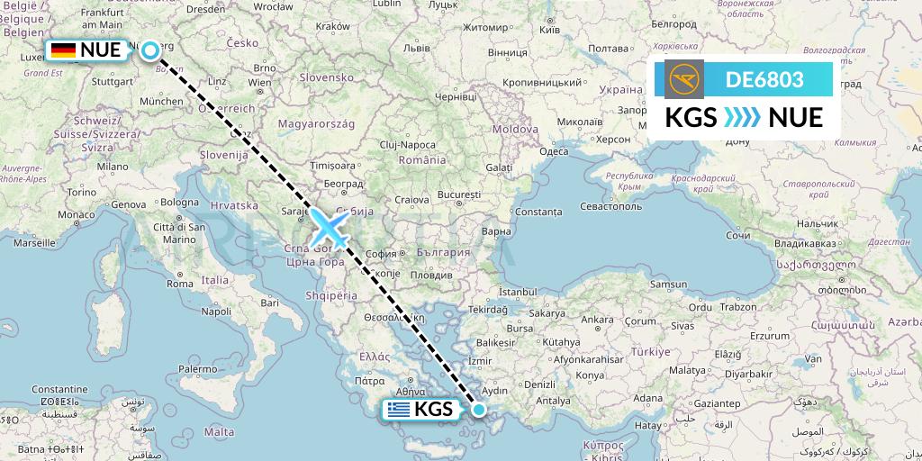 DE6803 Condor Flight Map: Kos to Nurnberg