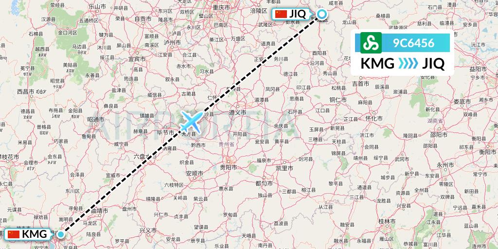 9C6456 Spring Airlines Flight Map: Kunming to Qianjiang
