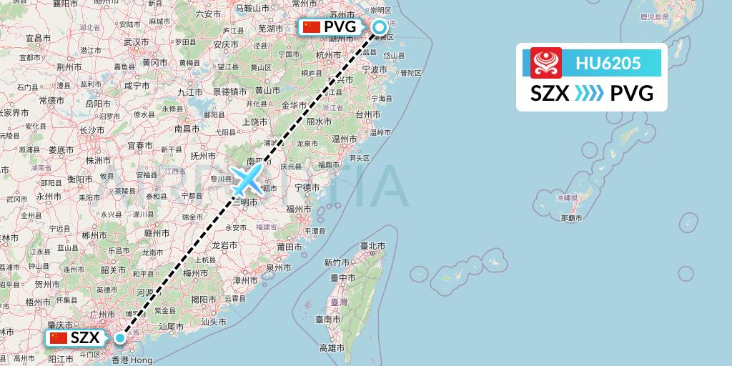 HU6205 Hainan Airlines Flight Map: Shenzhen to Shanghai