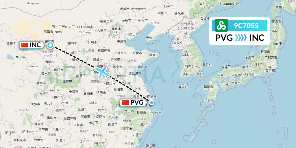 9C7055 Spring Airlines Flight Map: Shanghai to Yinchuan