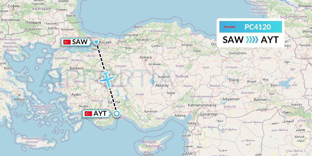 PC4120 Pegasus Airlines Flight Map: Istanbul to Antalya