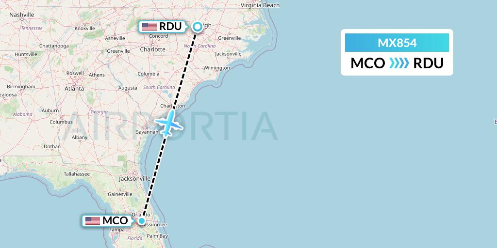 MX854 Breeze Airways Flight Map: Orlando to Raleigh-Durham