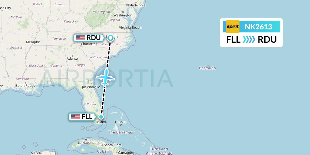 NK2613 Spirit Airlines Flight Map: Fort Lauderdale to Raleigh-Durham