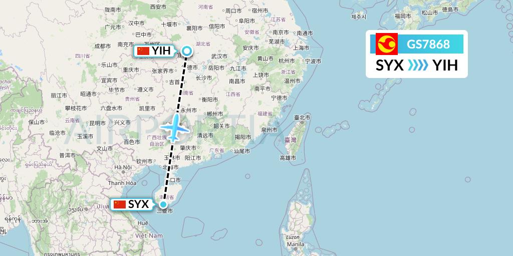 GS7868 Tianjin Airlines Flight Map: Sanya to Yichang