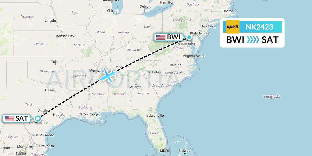 NK2423 Spirit Airlines Flight Map: Baltimore to San Antonio