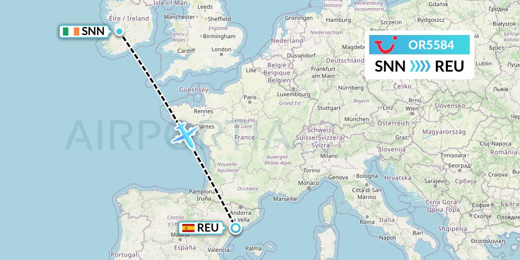 OR5584 TUI fly Netherlands Flight Map: Shannon to Reus
