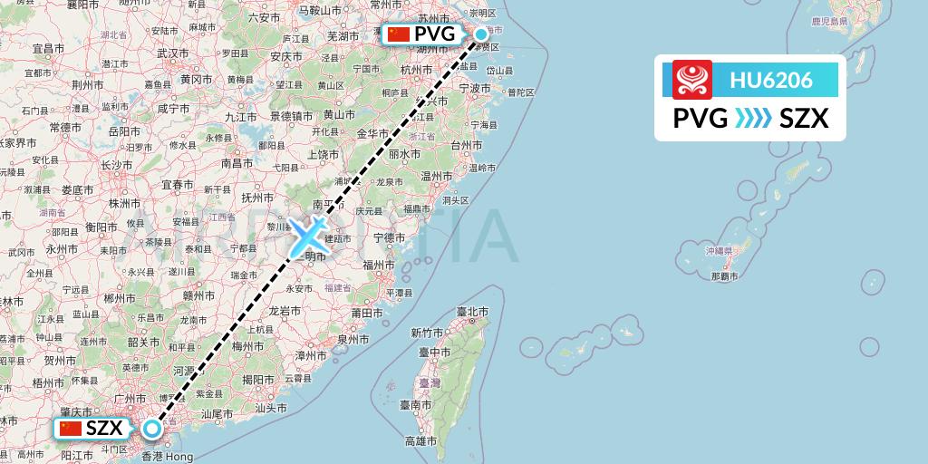 HU6206 Hainan Airlines Flight Map: Shanghai to Shenzhen