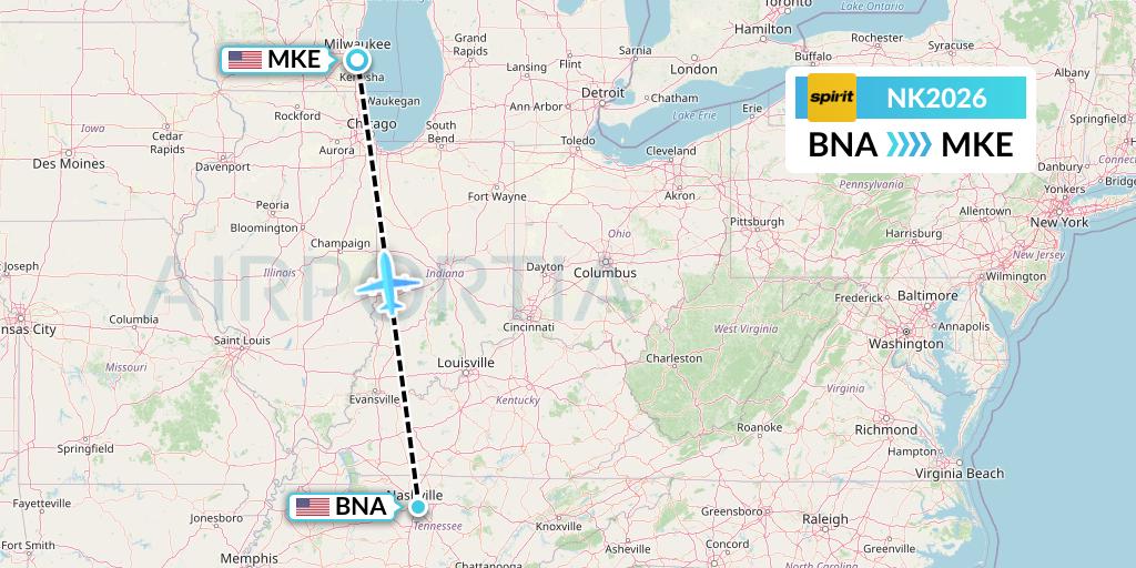 NK2026 Spirit Airlines Flight Map: Nashville to Milwaukee