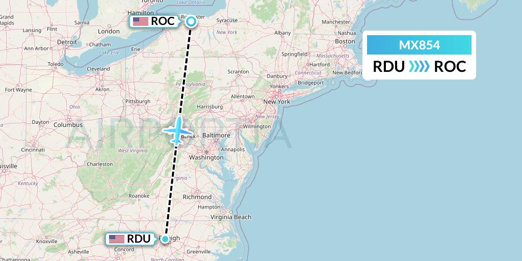 MX854 Breeze Airways Flight Map: Raleigh-Durham to Rochester