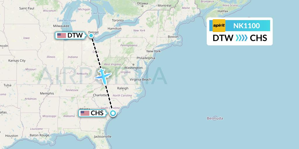 NK1100 Spirit Airlines Flight Map: Detroit to Charleston