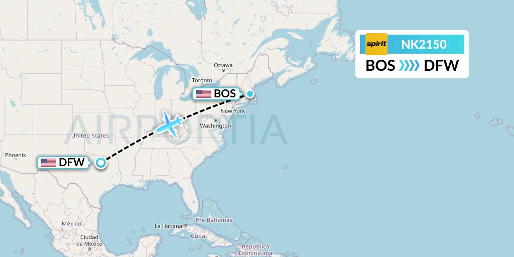 NK2150 Spirit Airlines Flight Map: Boston to Dallas