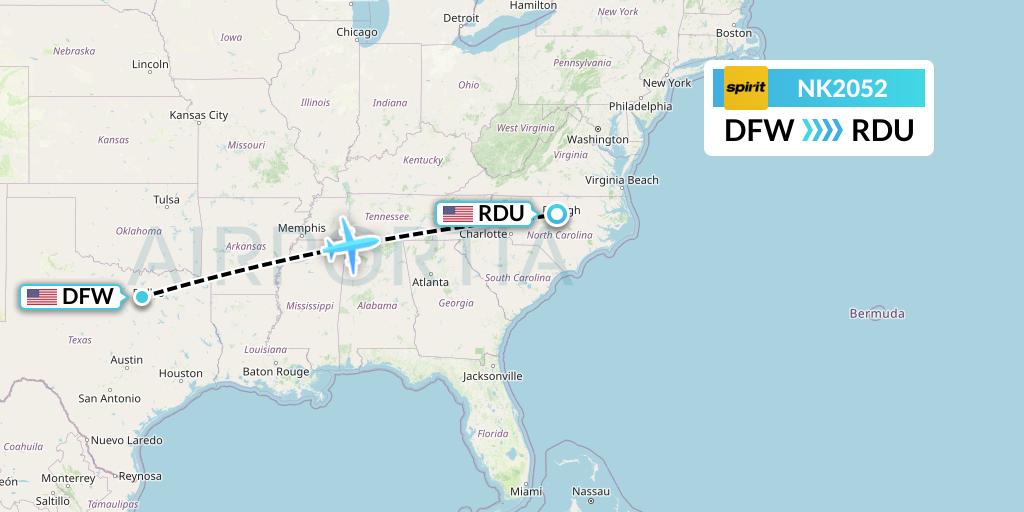 NK2052 Spirit Airlines Flight Map: Dallas to Raleigh-Durham