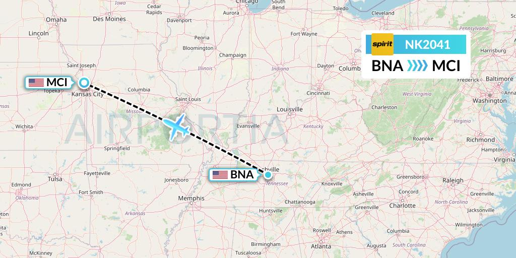 NK2041 Spirit Airlines Flight Map: Nashville to Kansas City