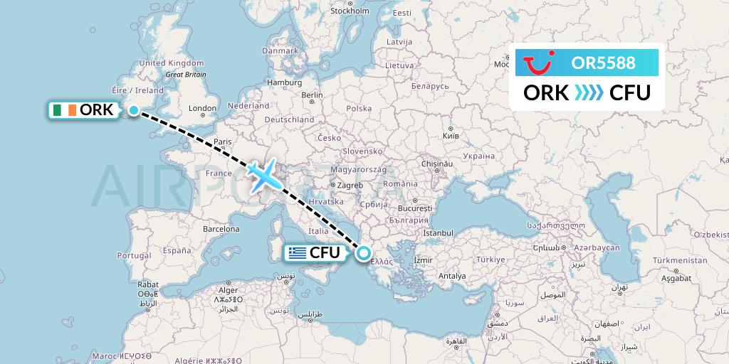 OR5588 TUI fly Netherlands Flight Map: Cork to Corfu