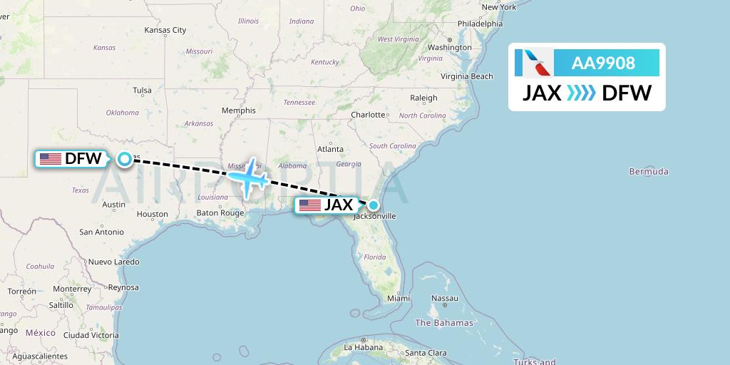 AA9908 American Airlines Flight Map: Jacksonville to Dallas